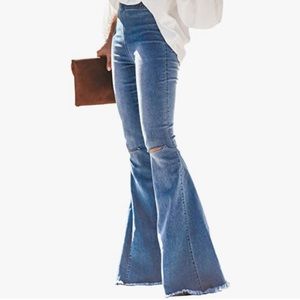 Super flare blue distressed stretchy denim pants bell bottom jeans vintage 70’s